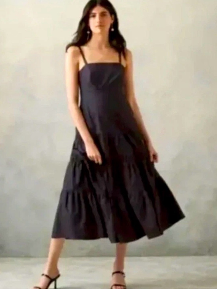 Prabal Gurung Black Tiered Midi Dress With Square Neck And Spaghetti Straps